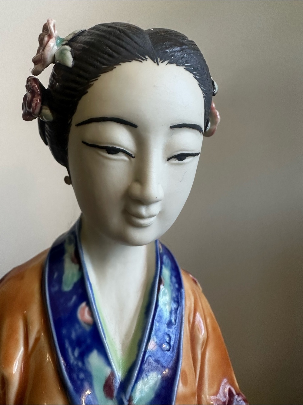Vintage Chinese Porcelain Lady with Crane Figurine Hand Painted Asian Statue